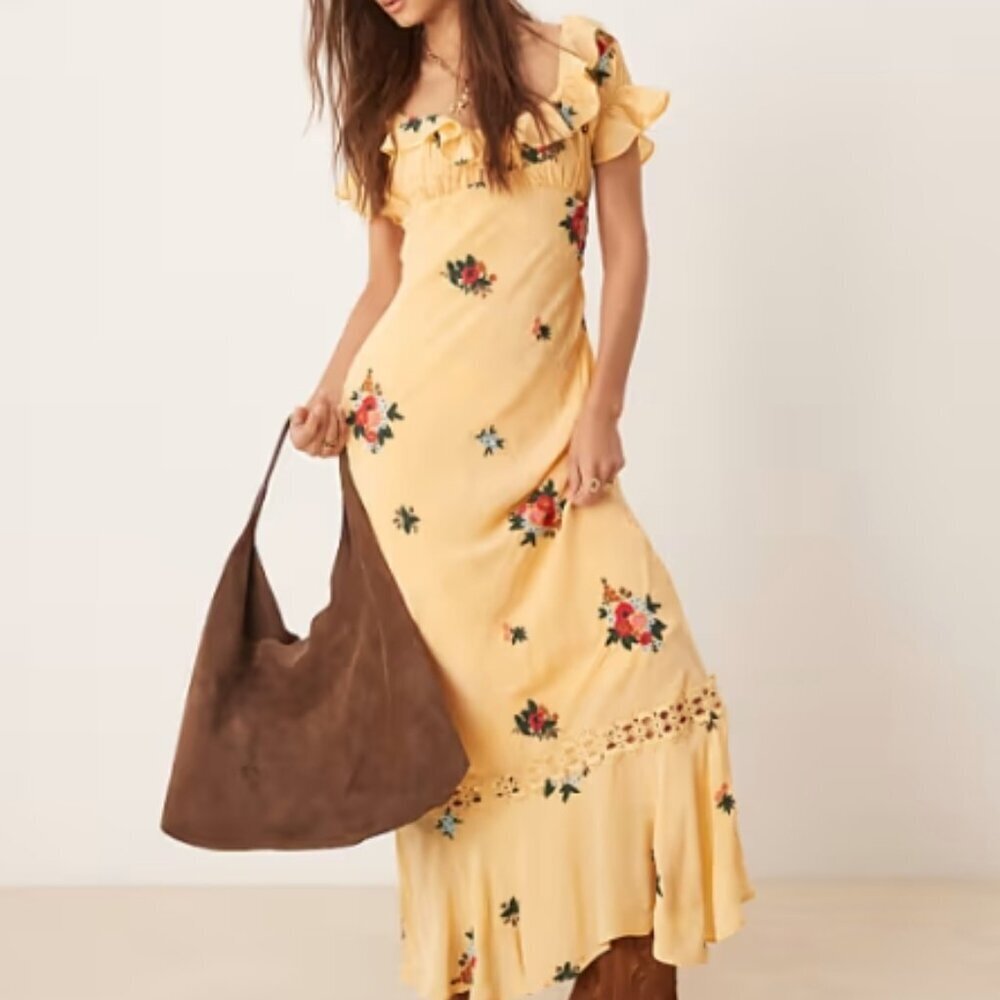 Free People Yellow Floral Maxi Dress with Ruffle Neckline